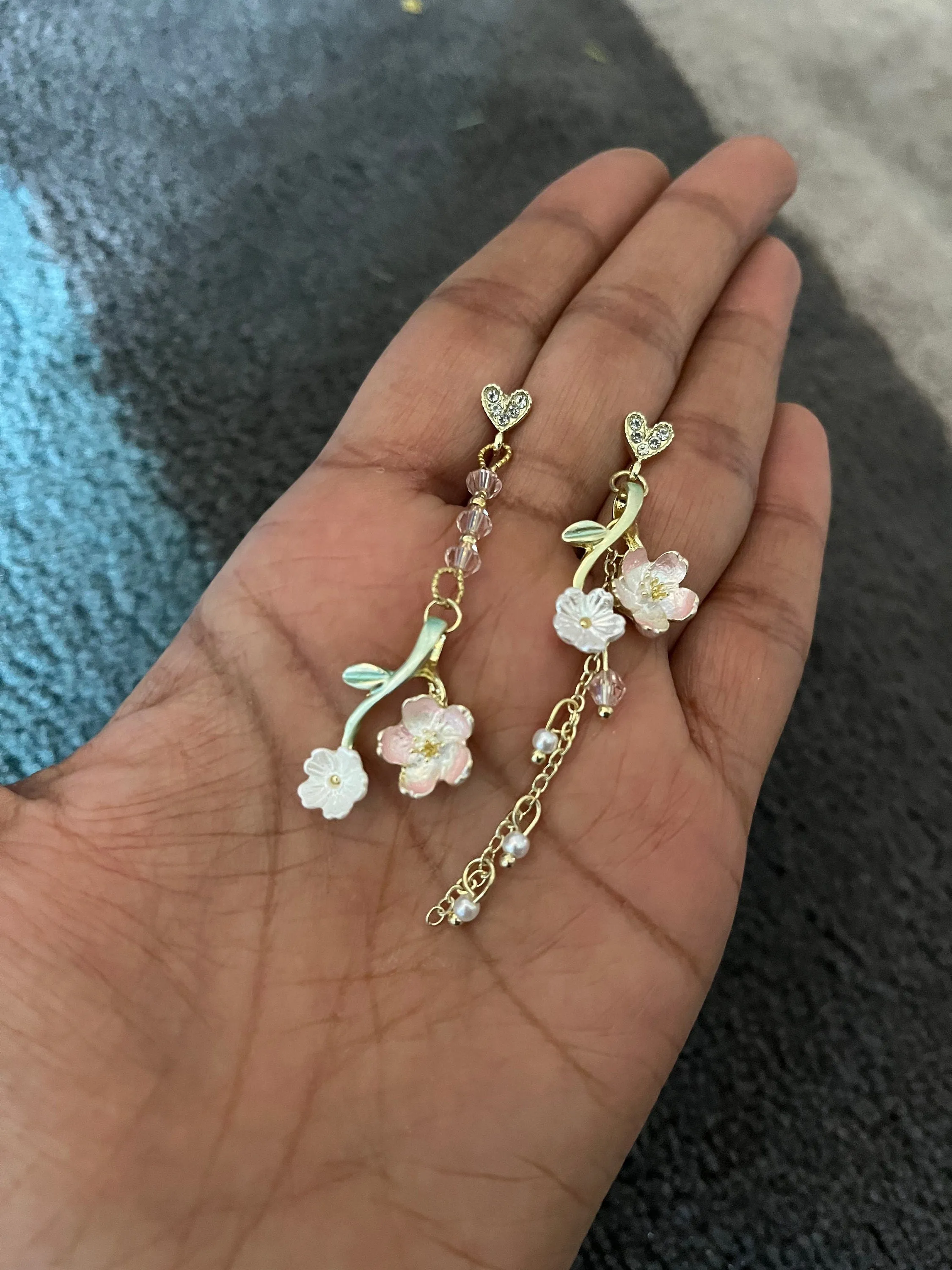 White flower earrings , cherry blossom earrings ,  earrings , mismatched earrings , long white earrings floral
