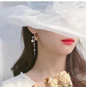 White flower earrings , cherry blossom earrings ,  earrings , mismatched earrings , long white earrings floral