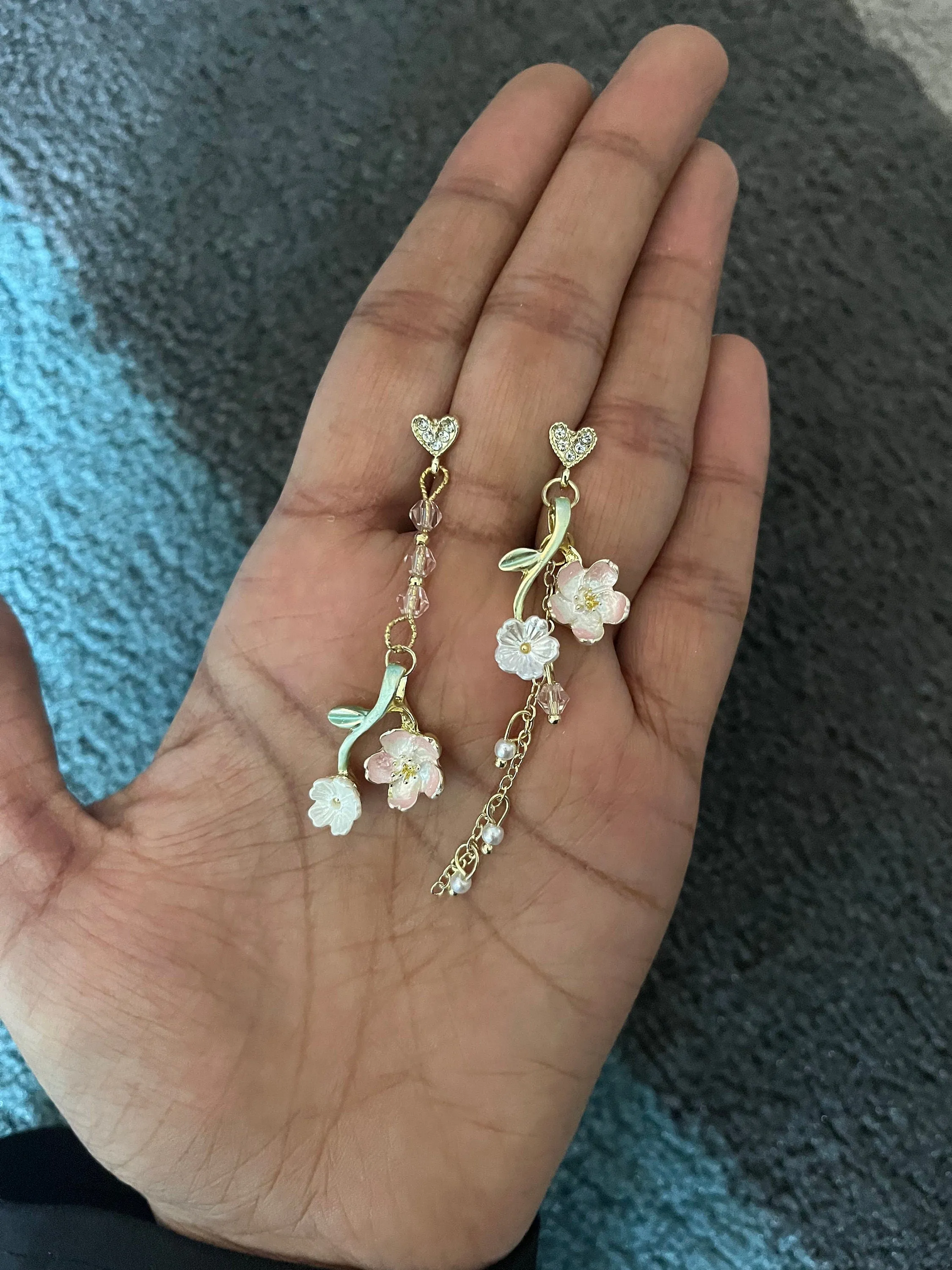 White flower earrings , cherry blossom earrings ,  earrings , mismatched earrings , long white earrings floral