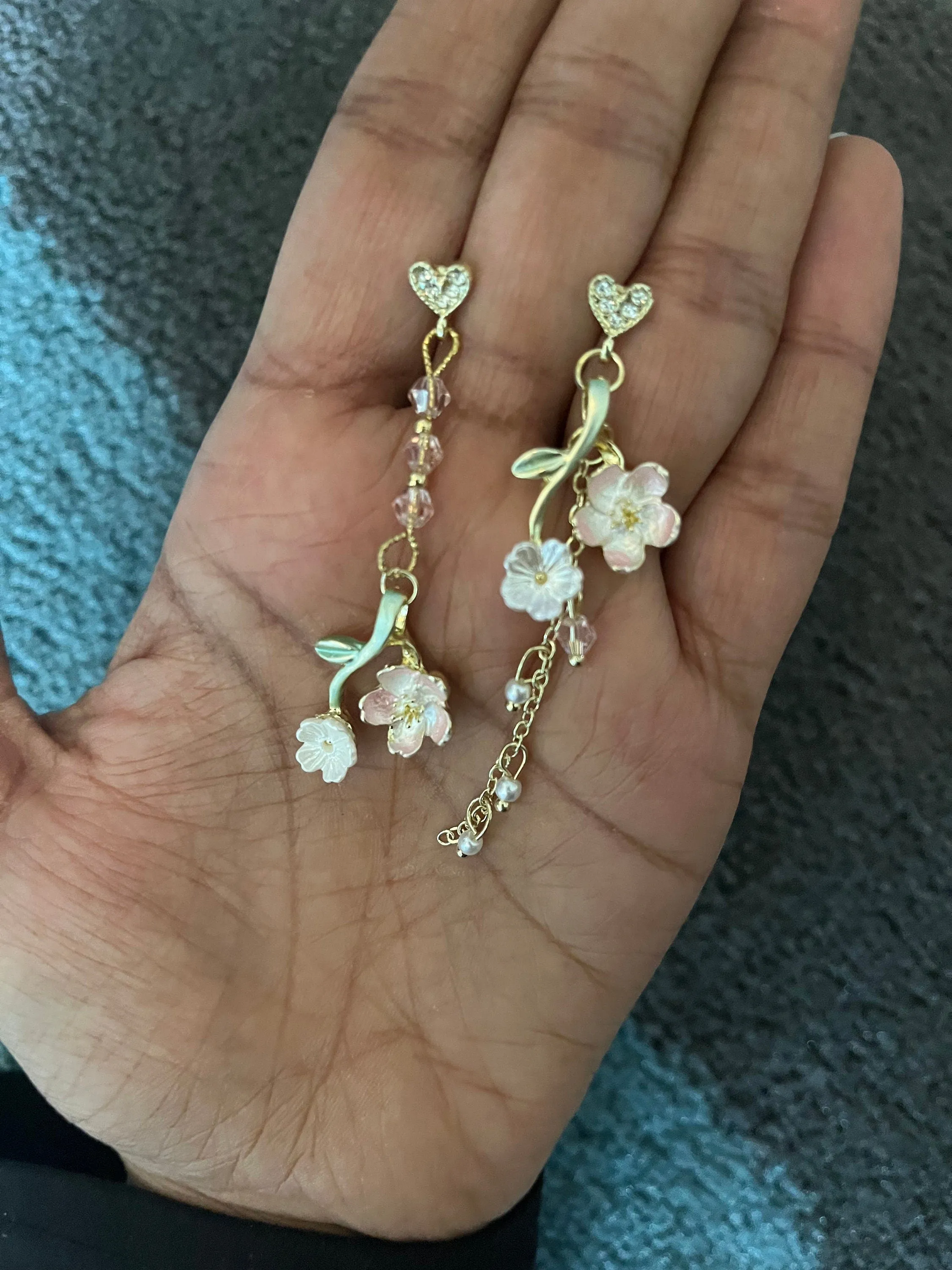 White flower earrings , cherry blossom earrings ,  earrings , mismatched earrings , long white earrings floral
