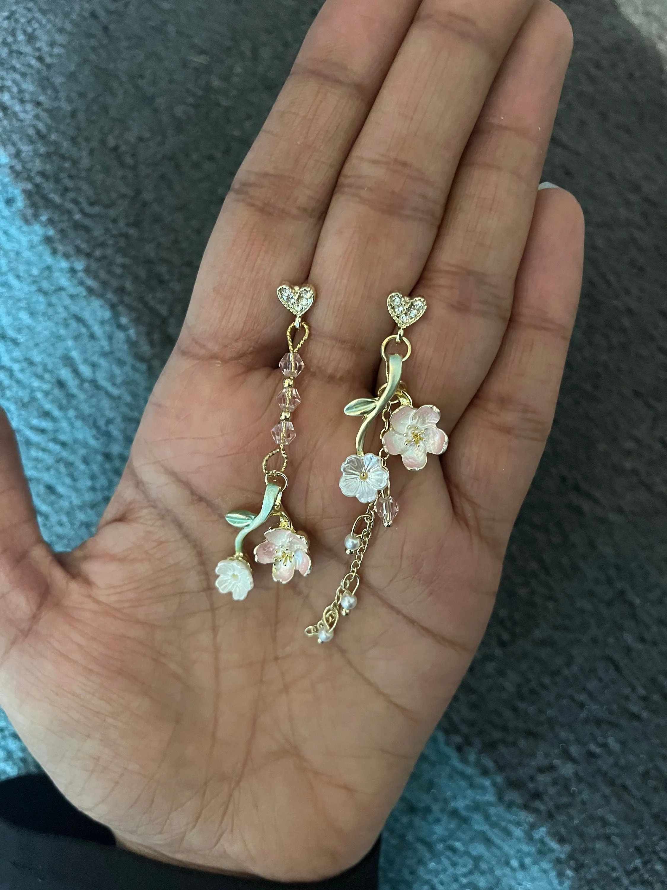 White flower earrings , cherry blossom earrings ,  earrings , mismatched earrings , long white earrings floral
