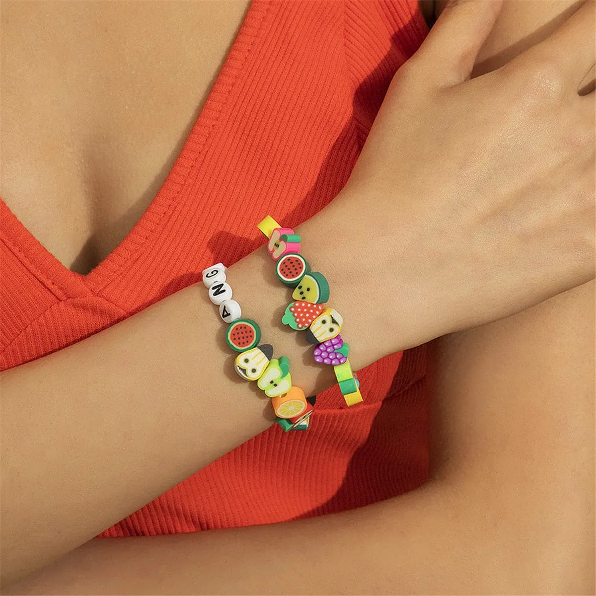 Yellow & Blue 'Angel' Fruit Beaded Stretch Bracelet Set