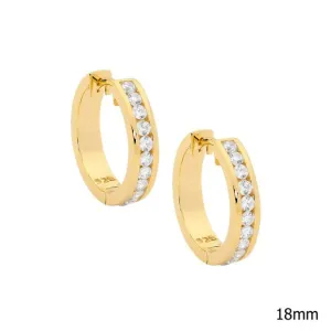 Yellow Gold Plated Sterling Silver With Round Cubic Zirconia Channel Set 18mm Hoop E395GP