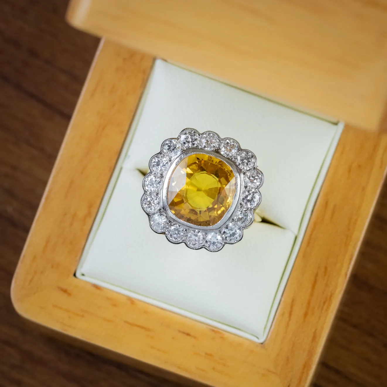 Yellow Sapphire Diamond Cluster Ring 18Ct Gold 6Ct Sapphire